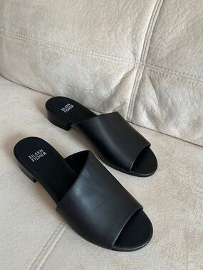 NEW Eileen Fisher Leather Sleek Stylish Comfy Slide Block Heels Sandals